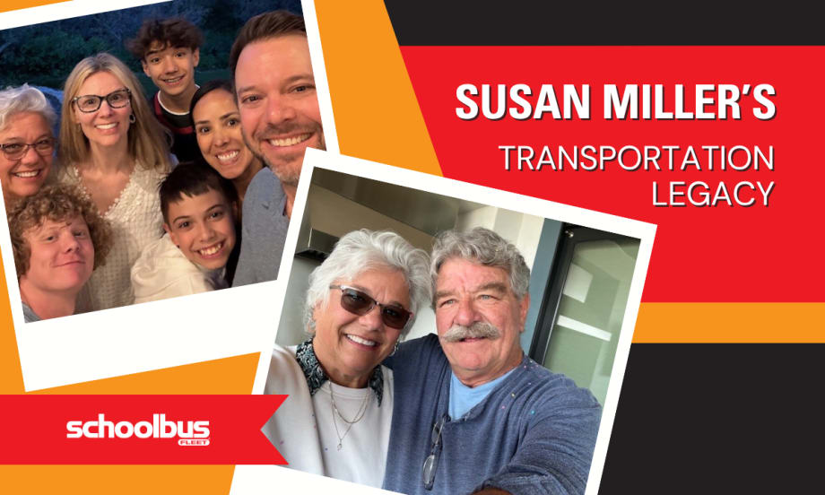A polaroid collage of images of Susan Miller and her family, plus text reading, "Susan Miller's Transportation Legacy".