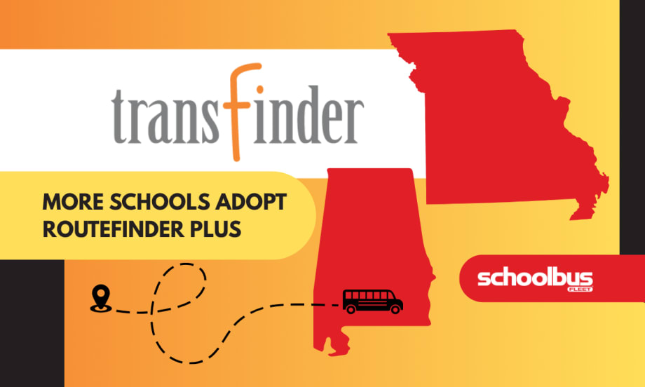 Graphic with Missouri and Alabama state outlines, Transfinder logo, and text reading "More Schools Adopt Routefinder PLUS".