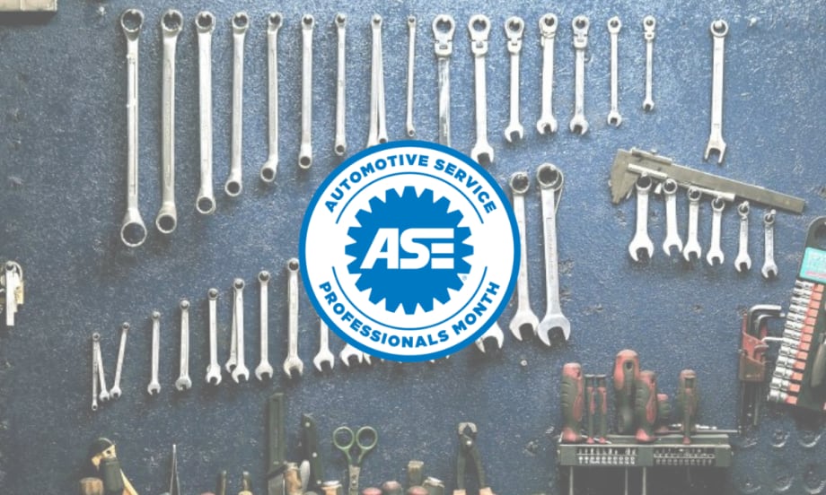 Blue and white Automotive Service Professionals logo presented over a blue background with various wrench tools.