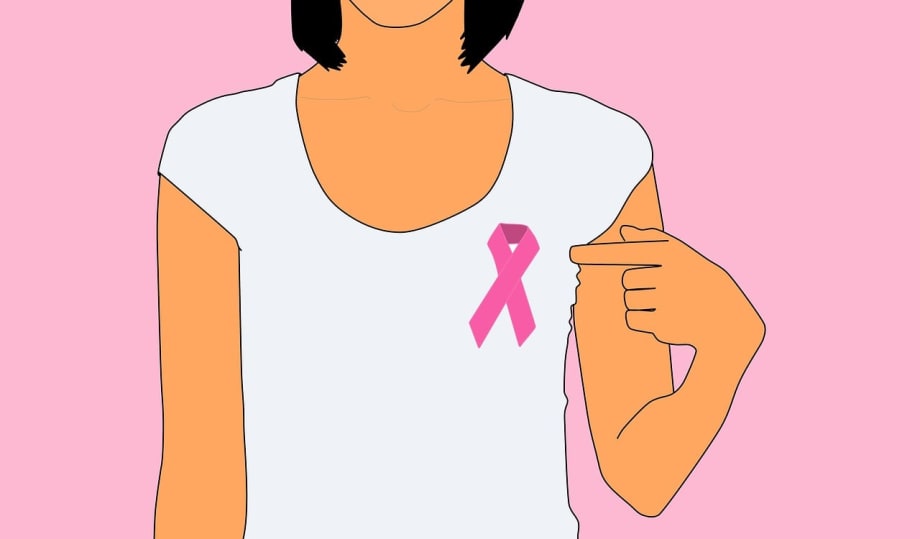 A graphic of a woman pointing to a pink cancer awareness ribbon pinned to her chest.