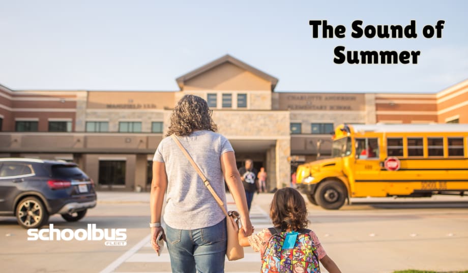 Parent and child walk toward an elementary school at pickup time while a yellow school bus waits outside, alongside the headline “The Sound of Summer.”