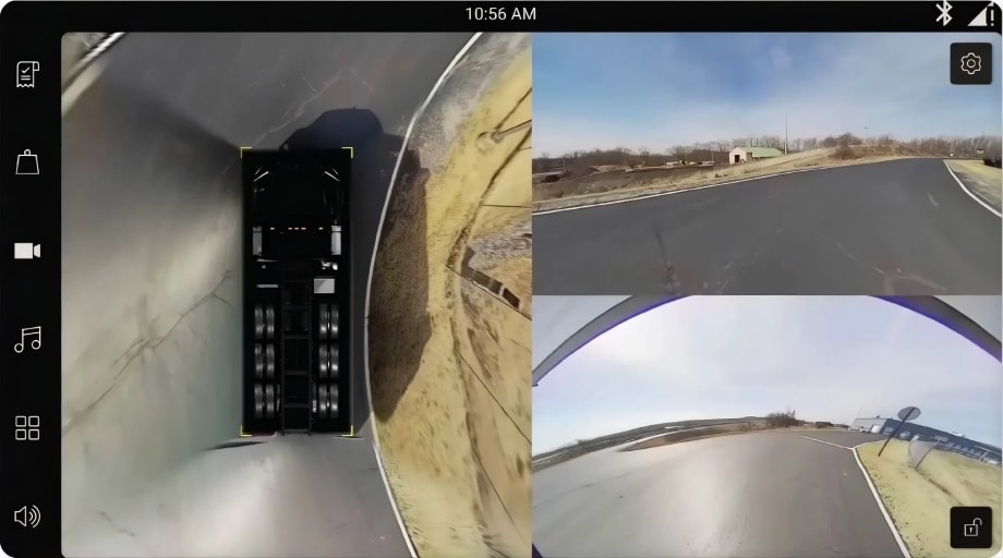 Display from Mack’s CommandView system showing multiple camera views designed to improve driver visibility and situational awareness around heavy-duty trucks in jobsites and urban environments.
