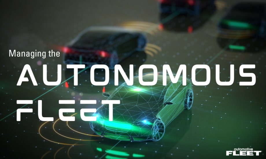 Digital illustration of autonomous vehicles connected by data networks, representing fleet management technology, AI-driven driving systems, and connected mobility in commercial fleets.