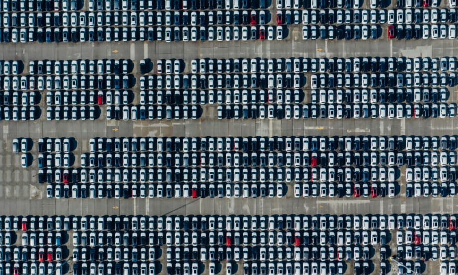 An aerial view of a vehicle lot.