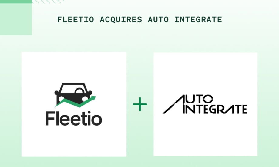 A green and white graphic with text reading "Fleetio Acquires Auto Integrate" with respective company logos.
