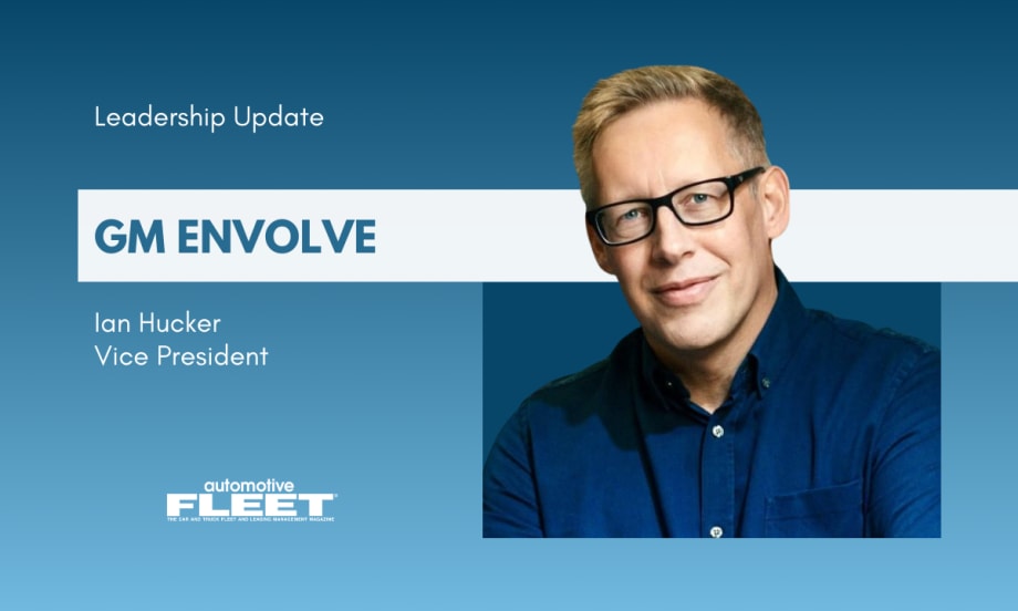 Blue and white graphic detailing Ian Hucker's new position at GM Envolve.