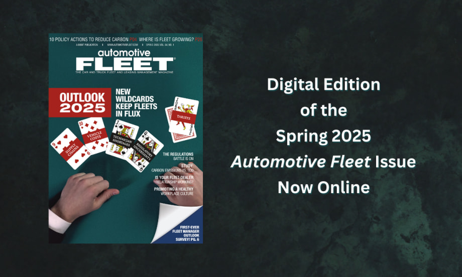 A green graphic with a magazine cover image from the Automotive Fleet Spring 2025 issue and text announcing it is now online.