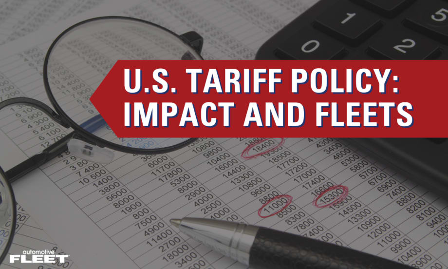 An image of data, glasses, a pen, and calculator with text reading "U.S. Tariff Policy Impact and Fleets".