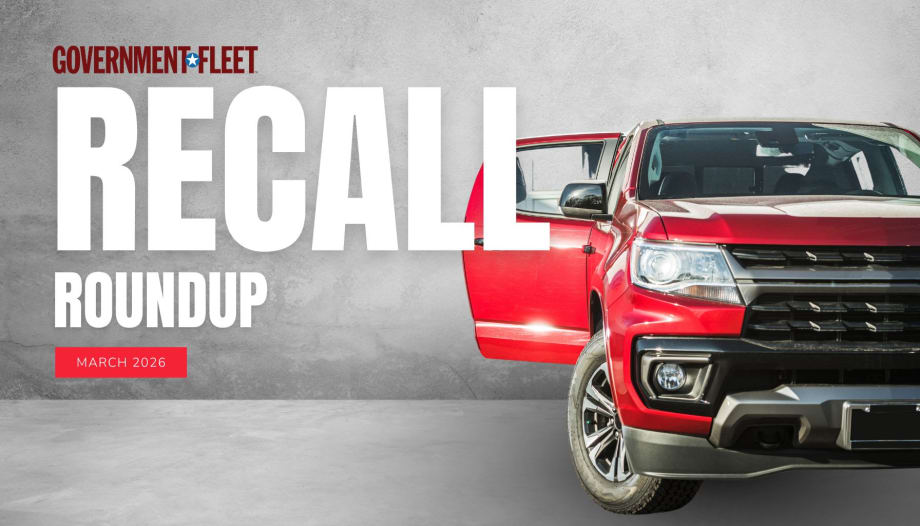 Graphic for Government Fleet’s March 2026 Recall Roundup showing a red pickup truck and bold text reading “RECALL ROUNDUP” with a red tag labeled “March 2026” on a concrete background.