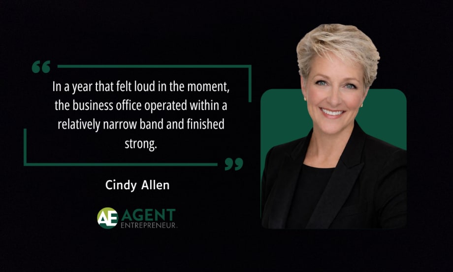 Headshot of Cindy Allen with a quote about the business office finishing the year strong, Agent Entrepreneur branding.