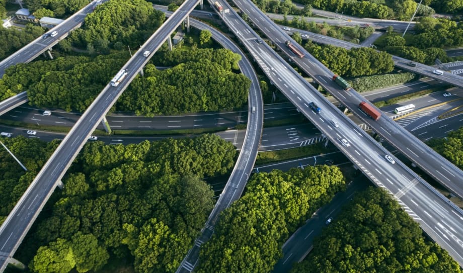 Multiple highway ramps and overpasses over trees and buildings.