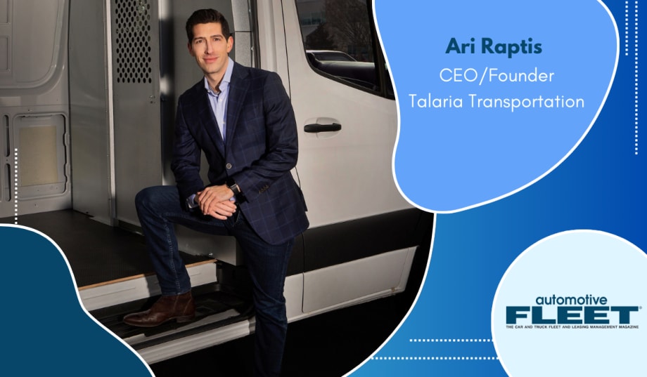 Image of a man in a suit posing with a white fleet vehicle within blue graphic shapes.