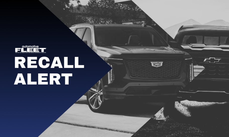 A blue, white, and black graphic with images of a Cadillac Escalade and Chevrolet Silverado 1500 and text reading "RECALL ALERT".