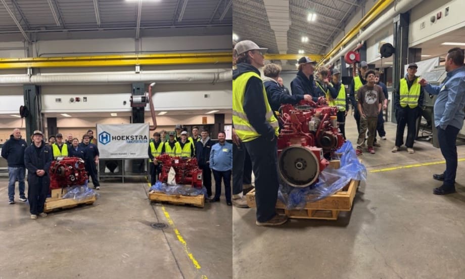 Two images of Hoekstra delivering two diesel engines to KCTC.