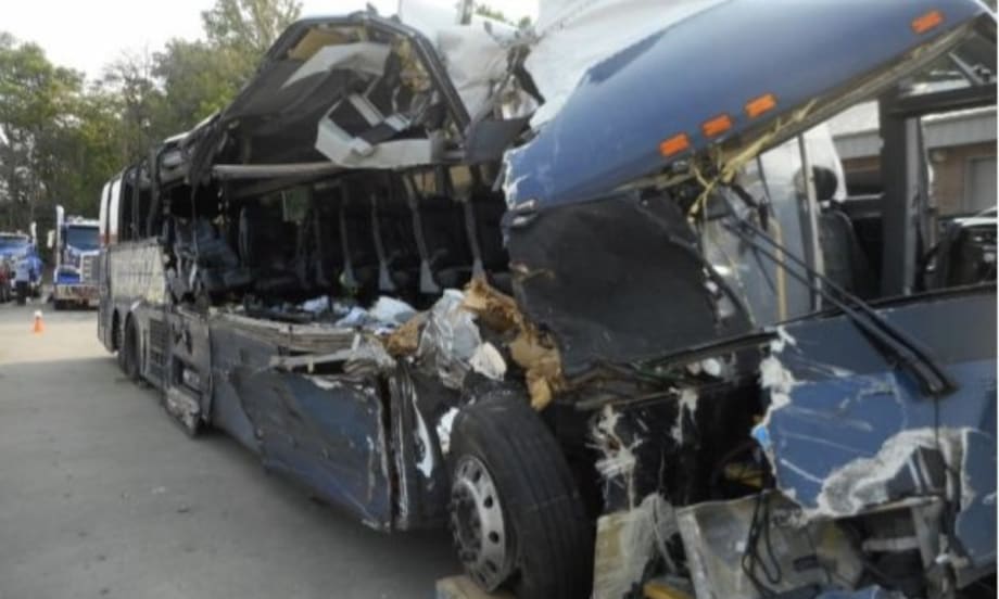 Post-crash photo of the Greyhound motorcoach.