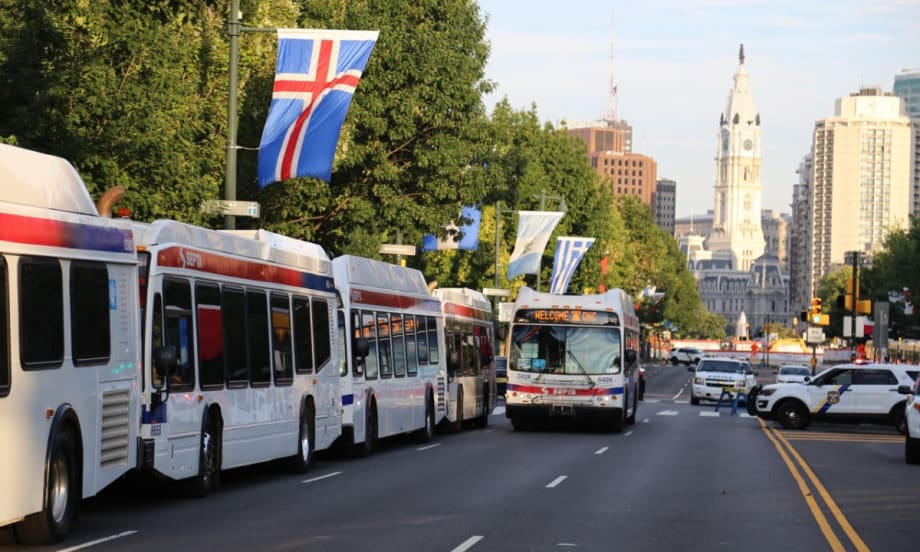 SEPTA buses parked outside a democratic national convention.