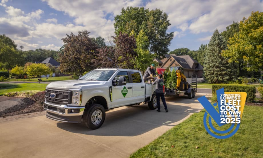 A white Ford truck with the Vincentric Best Fleet Value logo.