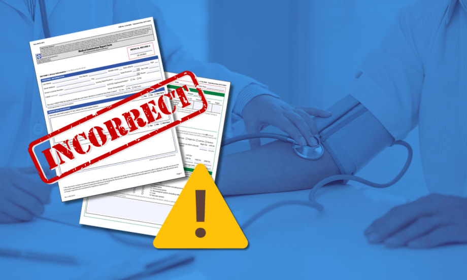 DOT medical forms with incorrect stamp and photo of blood pressure check