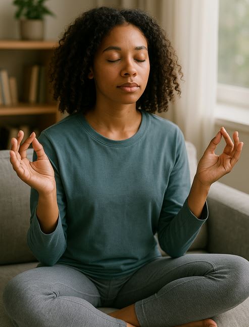 A woman meditating.