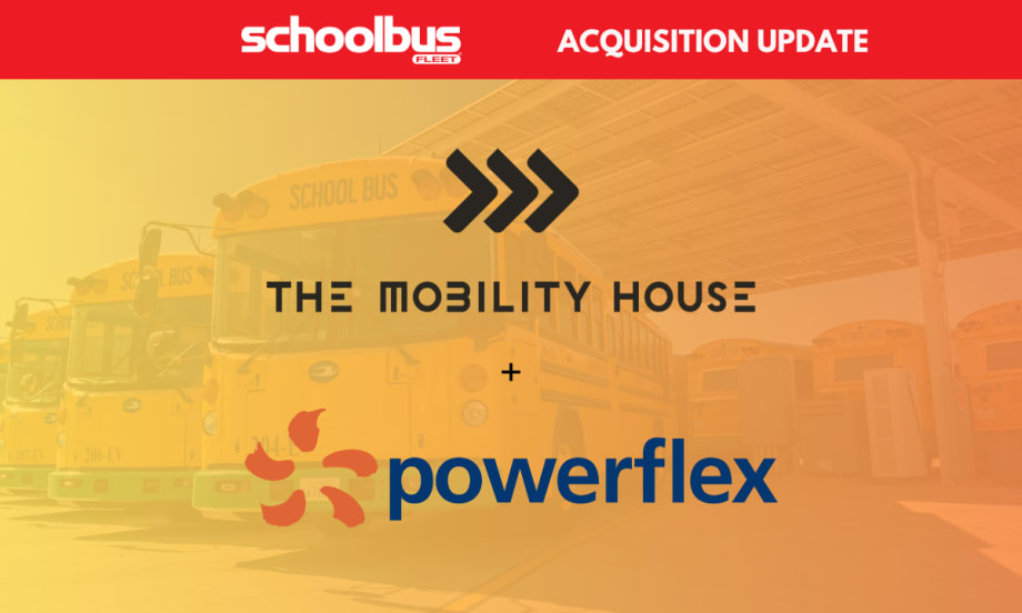 Graphic announcing an acquisition update, showing The Mobility House and PowerFlex logos over a background image of electric school buses at a charging depot, indicating The Mobility House's acquisition of PowerFlex.