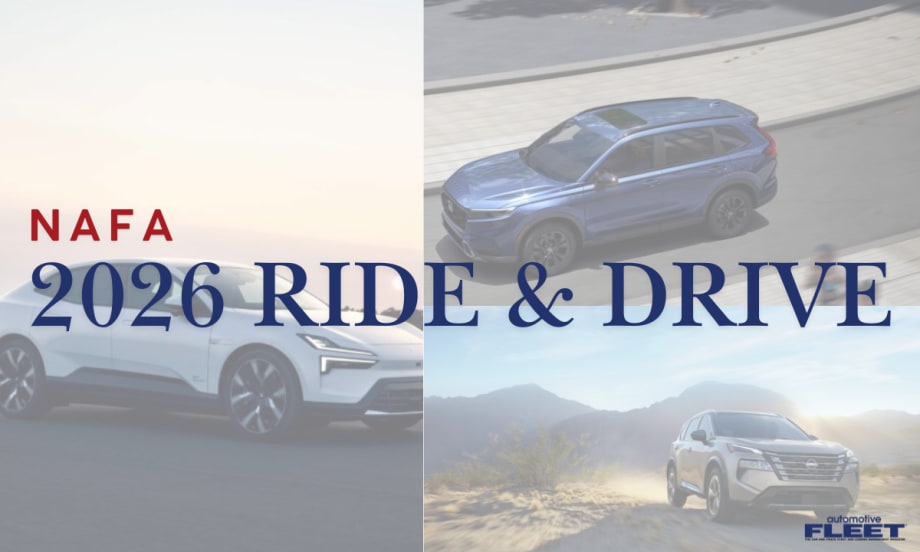 Graphic showing multiple vehicles driving, promoting NAFA I&E 2026 Ride and Drive Experience in Cleveland where attendees test new fleet vehicles, EVs, and technologies.