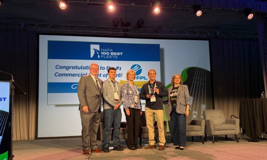 Five award recipients stand on stage at NAFA 2026 I&E in Cleveland as Florida Power & Light is recognized as the #1 Commercial Fleet in the 100 Best Fleets program.
