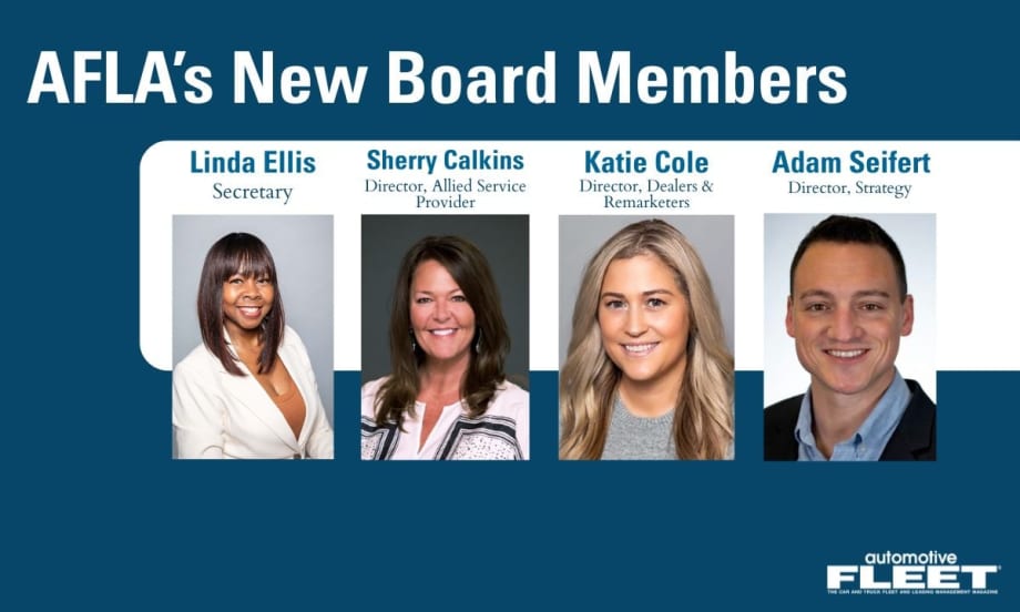 Headshots of AFLA's newly appointed board members: Linda Ellis (Secretary), Sherry Calkins (Director, Allied Service Provider), Katie Cole (Director, Dealers & Remarketers), and Adam Seifert(Director)