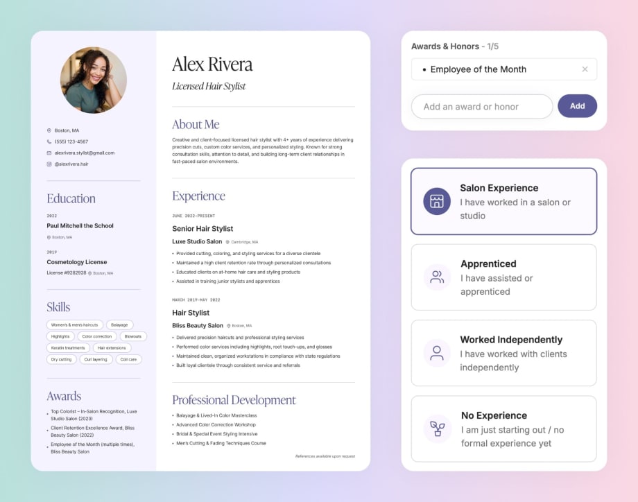 A nicely formatted resume for a recent cosmetology graduate.