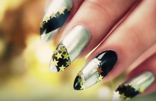 New Years Nail Art: Black and Silver with Gold Stars