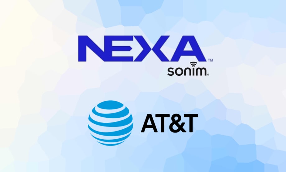 Logos of NEXA, Sonim, and AT&T displayed on a blue background, representing partnership supporting Sonim XP5plus 5G rugged device on 5G and FirstNet networks.