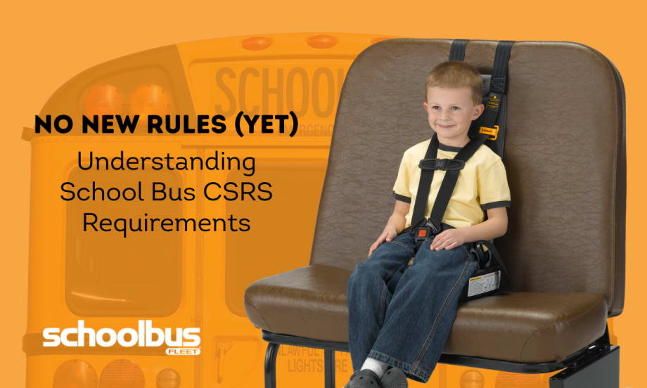 Young child secured in a child restraint system on a school bus seat, highlighting school bus CSRS requirements.
