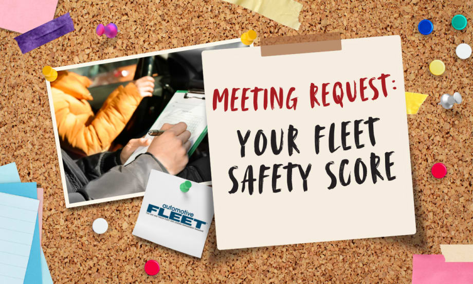 A graphic of a messy corkboard of pins, tape, and sticky notes. A beige sticky note in the center reads "Meeting Request: Your Fleet Safety Score".