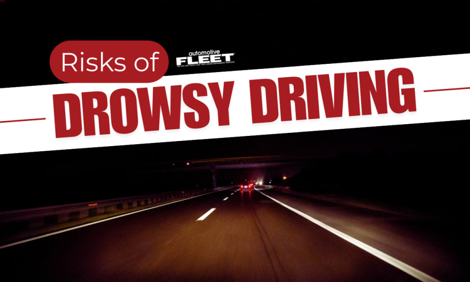 A first perspective view of driving on a road at night with text reading "Risks of Drowsy Driving".