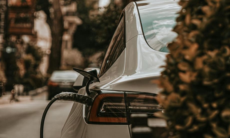A rear view of an electric vehicle charging while parked on the street. Part of the car is obscured by a bush.