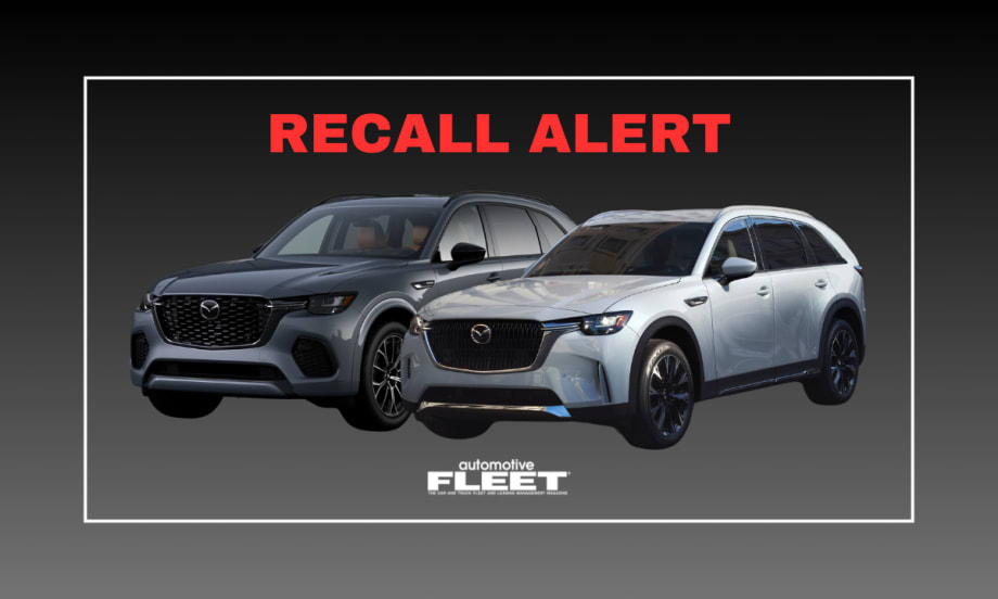 A gray, red, and white graphic with a 2024-2025 Mazda CX-70 and CX-90 models under the words "RECALL ALERT".