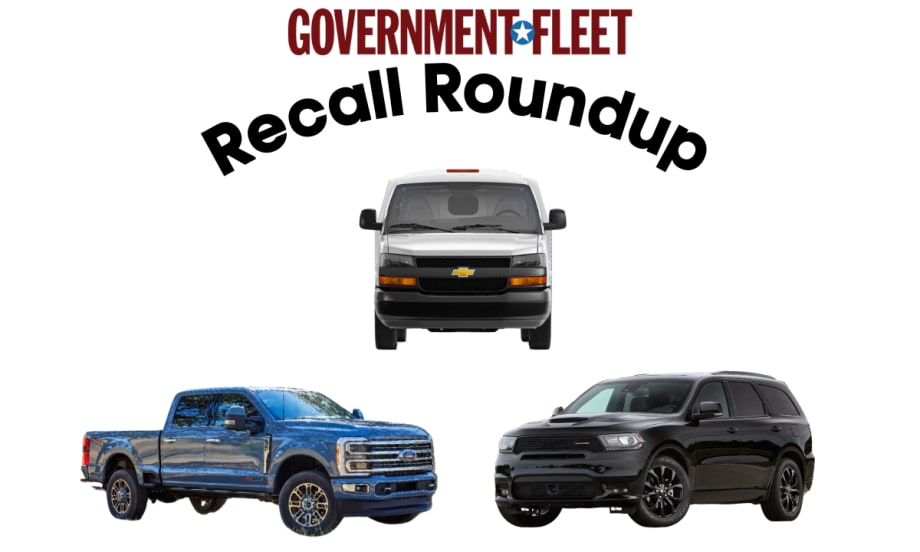 A blue Ford F-350 Limited, a white Chevrolet Express Commercial Cutaway, and a black Dodge Durango are shown in a photo that says 'recall roundup'.