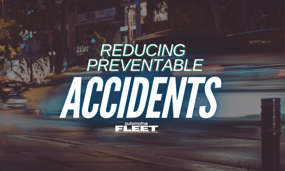 A graphic with cars driving past in the background with motion blur. Text reads "Reducing Preventable Accidents".