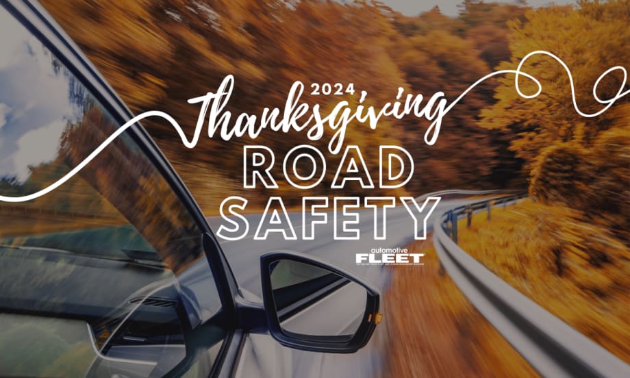An image of a car speeding around a bend with orange fall trees on either side of the road. "2024 Thanksgiving Road Safety" can be read.
