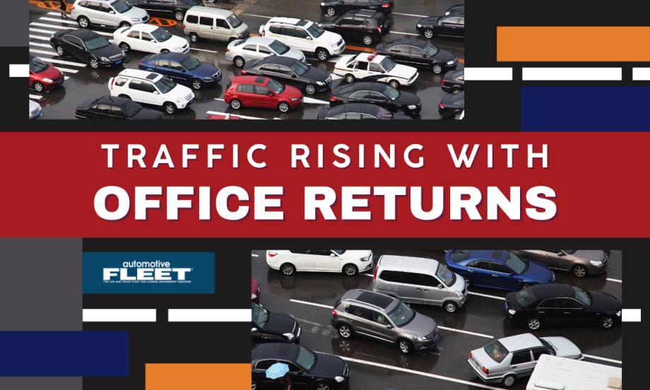A multi-colored (red, mustard yellow, blue, gray, and black) graphic with images of multi-lane traffic. Text reads "Traffic Rising with Office Returns".