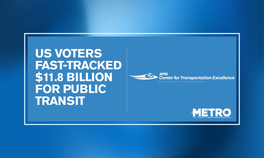 A blue and white graphic with text reading "US Voters Fast-Tracked $11.8 Billion for Public Transportation."