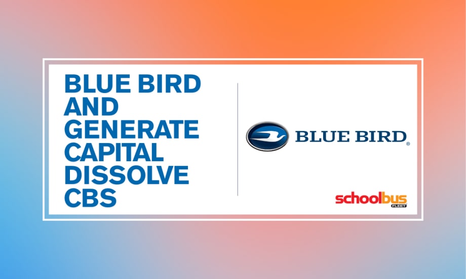 A blue, orange, and white graphic with text reading "Blue Bird and Generate Capital Dissolve CBS."