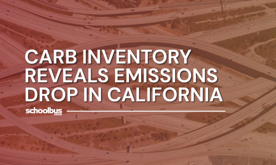 Aerial image of California highways intersecting with text reading "CARB Inventory Reveals Emissions Drop in California."