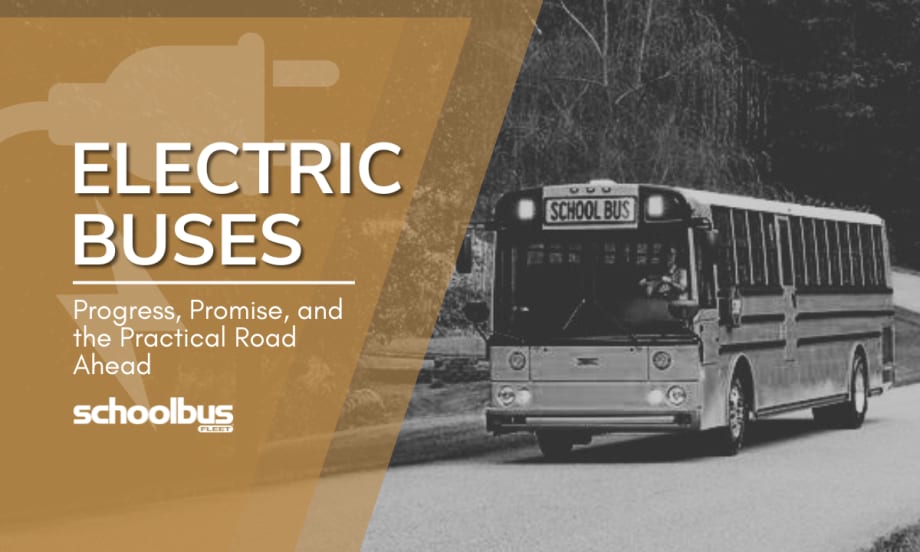 A black and white image of a Thomas Built Wattson bus with text reading "Electric Buses: Progress, Promise, and the Practical Road Ahead."