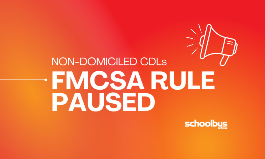 Orange and red graphic with text reading "Non-Domiciled CDLs: FMCSA Rule Paused."