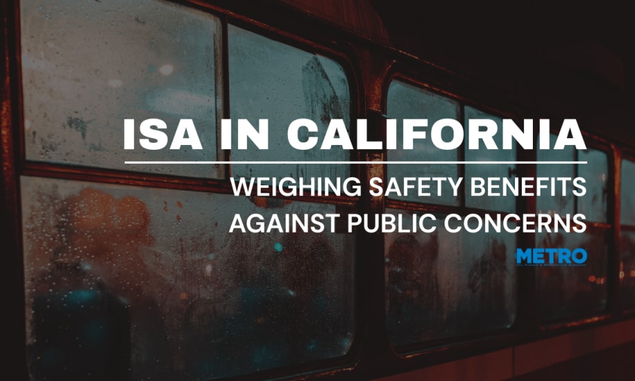 Silhouettes in a bus window with text Reading "ISA in California: Weighing Safety Benefits Against Public Concerns."