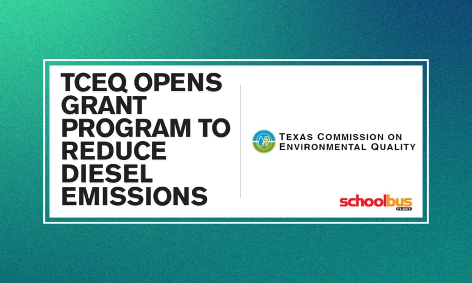A blue, green, and white graphic with text reading "TCEQ Opens Grant Program To Reduce Diesel Emissions."