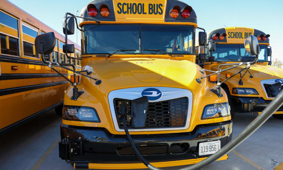 Front view of an all-electric Blue Bird school bus.