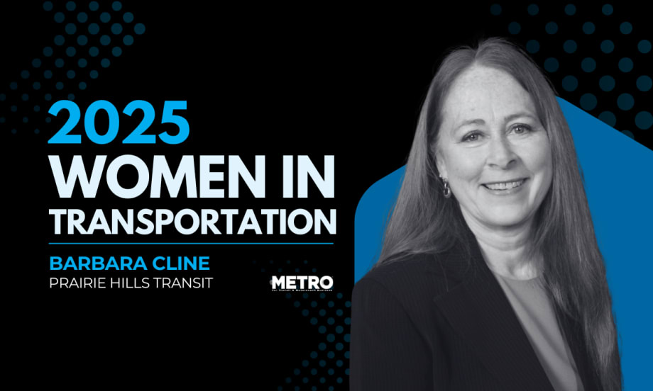 A blue, black, and white graphic with a portrait of Barbara Cline and text reading "2025 Women in Transportation, Barbara Cline, Prairie Hills Transit."