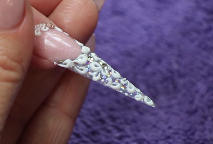 NSI Nails: Glitter Acrylic Stiletto With 3-D Lace