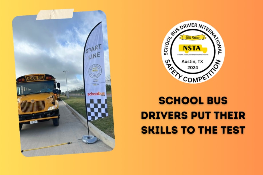 A school bus sits at the start line waiting for the competition to begin. A white flag shows the SBDISC logo, along with the School Bus Fleet logo.